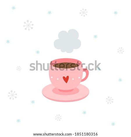 Hot coffee in a pink cup on snowflakes background