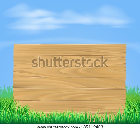 A cartoon illustration of a wooden sign in a field