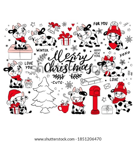 BULL CHRISTMAS COLLECTION New Year Merry Christmas Cute Animal Cartoon Holiday Vacation Winter Hand Drawn Clip Art Vector Illustration Set For Print
