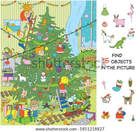 Children decorate the tree for Christmas. Hidden objects puzzle. Funny cartoon characters. Vector illustration
 Royalty-Free Stock Photo #1851218827