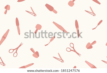 Seamless pattern with a set of manicure tools on a light background. Suitable for beauty salon, nail service, design design, interior, work form, paper.