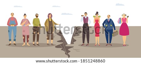 Concept of imbalance, class discrimination and monetary inequality in human society. Gap between unlucky sad poor and happy successful rich people. Vector flat isolated illustration Royalty-Free Stock Photo #1851248860