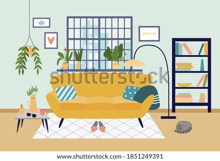 Modern living room with furniture in house. Interior of comfortable and cozy room with a sofa, floor lamp, large window, potted plants and a sleeping cat. Vector flat illustration.