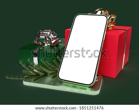 Merry Christmas and New Year with a beautiful gift box, Christmas ornaments ribbon bow. Christmas and New year event mockup template concept. Clipping path of screen phone included. 3d rendering





