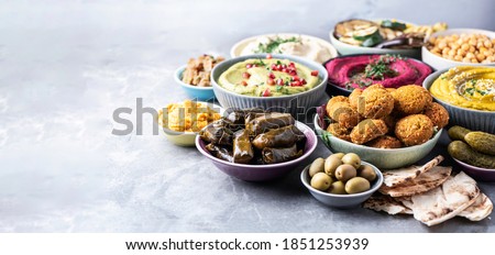 Mediterranean appetizer concept. Arabic traditional cuisine. Middle Eastern meze with pita, olives, hummus, stuffed dolma, falafel balls, pickles, babaganush, vegetables, pomegranate, eggplants. Royalty-Free Stock Photo #1851253939