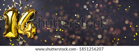 Gold foil balloon number, digit fourteen. Birthday greeting card, inscription 14. Anniversary celebration. Banner. Stylish golden numeral, light bokeh, glitter, black background. Numerical digit.
