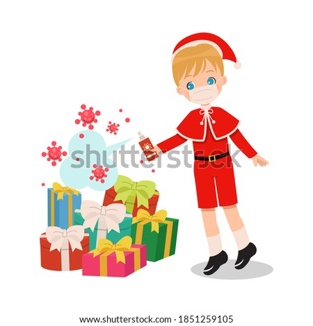 Boy wearing mask and Christmas costume. Christmas present disinfection process concept. Flat vector cartoon isolated on white.