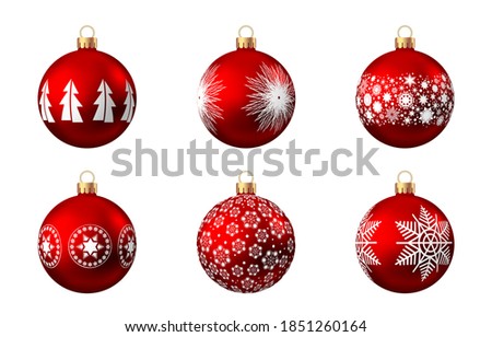 Realistic  red   Christmas  balls  with pattern  isolated on white background. Xmas  tree decoration. Vector bauble collection.