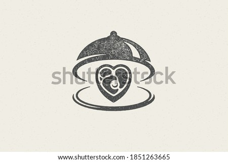 Heart shape beef steak silhouette served on tray with open cloche hand drawn stamp effect vector illustration. Vintage grunge texture emblem for package and menu design or label decoration.