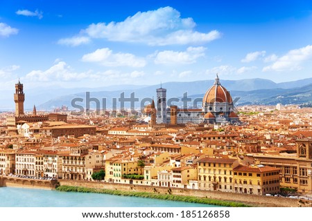 Cityscape panorama of Arno river, towers and cathedrals of Florence Royalty-Free Stock Photo #185126858