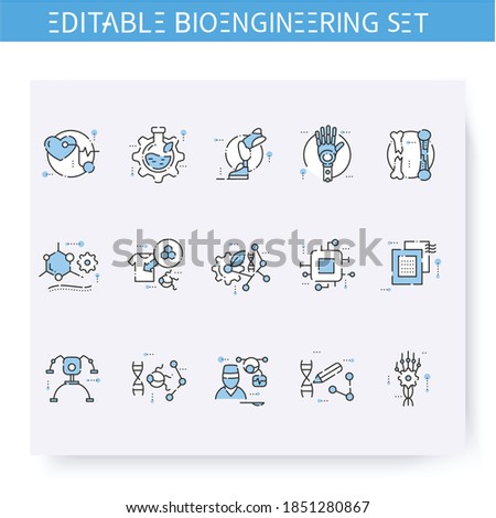 Bioengineering line icons set. Science, medicine, prosthetics. Biomedical engineering, nanotechnology and medical research innovations concept. Isolated vector illustration. Editable stroke 