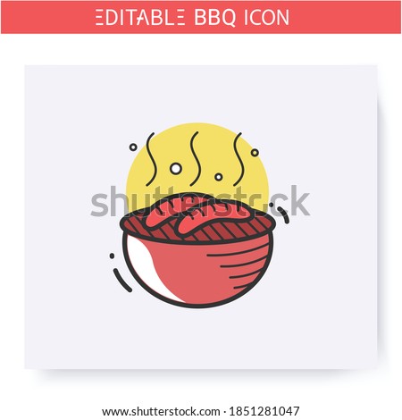 Grilled sausages color icon. Charcoal barbecue. Opened brazier with hot dogs . Backyard picnic concept. Barbecue party or summer camping. Grill cooking. Isolated vector illustration. Editable stroke 