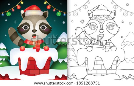 coloring for kids with a cute raccoon using santa hat and scarf in chimney