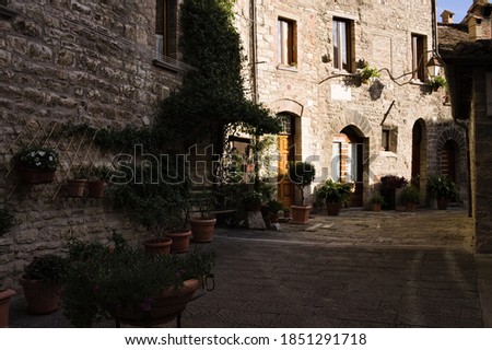 An alley of a medieval Italian village with stone houses, wooden doors, plants and flowers (Gubbio, Umbria, Italy, Europe)
