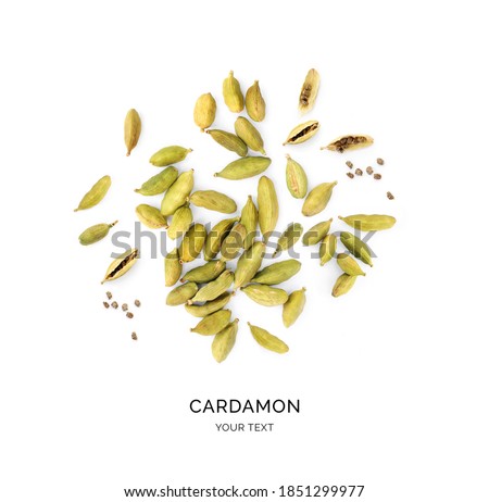Creative layout made of cardamon on the white background. Flat lay. Food concept. Macro concept. Royalty-Free Stock Photo #1851299977