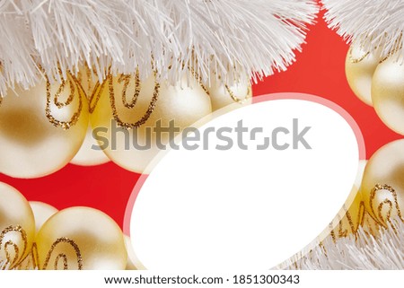 Christmas golden toys for greeting card on the red background