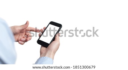 close-up hand touching smartphone screen isolated on white, mock up phone mobile blank screen easy adjustment with clipping path. Copy space. Free space for your text