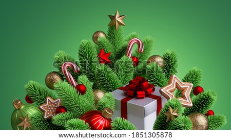 3d render, wrapped gift box hidden inside Christmas tree decorated with glass balls and festive ornaments, isolated on green background.