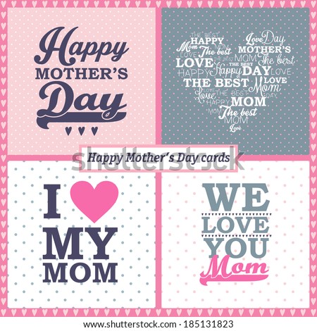 Happy mothers day cards on different background. vintage retro type font. set of unusual design.