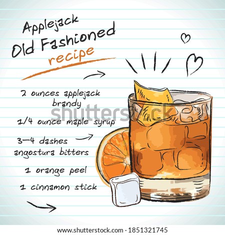 Applejack Old Fashioned cocktail, vector sketch hand drawn illustration, fresh summer alcoholic drink with recipe and fruits
 Royalty-Free Stock Photo #1851321745