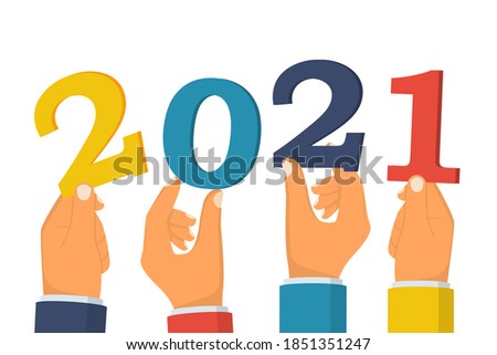 Happy New Year 2021. Team businessmen holding numbers 2021, and text congratulations, greetings. Vector illustration. Isolated on white background.