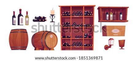 Wine bottles and barrels, wooden casks, shelf, rack and box with alcohol. Vector cartoon set of furniture in winery cellar, restaurant basement or wine shop storage room isolated on white background Royalty-Free Stock Photo #1851369871