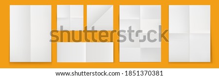 Folded blank posters, white paper sheets with crossing creases top view. Vector realistic template of empty wrinkled leaflet, flyer, document pages with folds isolated on yellow background Royalty-Free Stock Photo #1851370381