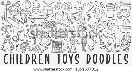 Children Toys doodle icon set. Kids Life Style Vector illustration collection. Banner Hand drawn Line art style. Royalty-Free Stock Photo #1851397012