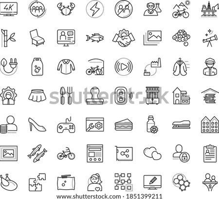 Thin outline vector icon set with dots - avoid contacts vector, Gardening tools, hr policies, Audience targeting, Online coaching, Clustering, Stapler, Video streaming, 4K, web services, layout