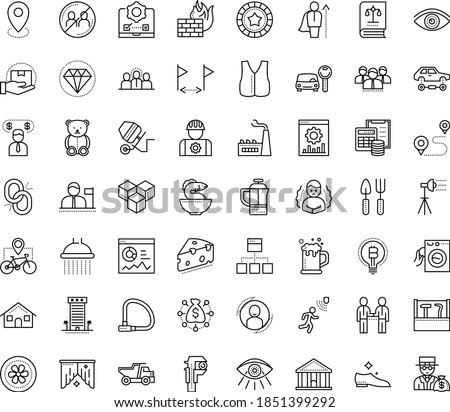 Thin outline vector icon set with dots - chills vector, avoid contacts, teddy bear, vision, Gardening tools, Car rental, User, Website optimization, Entrepreneur, statistics, testing, vest, Tipper