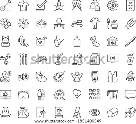 Thin outline vector icon set with dots - santa vector, gift bag, angel, christmas stocking, vision, Shovel, area of specialization, Cleaning service, SEO, Clustering, Pen, Scissors, Inkwell, vest