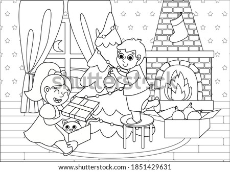 New year's children's illustration. A girl opens a gift, a boy dresses up a Christmas tree. Print for fairy tales. Cute brother and sister celebrate a home holiday. Stock drawing in cartoon style