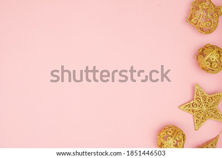 Merry Christmas postcard banner, decorations on pink background, copy space