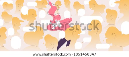 Woman suffers from loudly crowd. Concept character in depression because of public condemnation and social media overflow Royalty-Free Stock Photo #1851458347