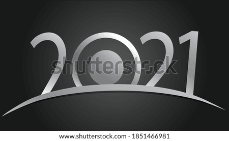 New Year concept - sunrise with digits 2021. Silver sign on black background. Vector clip art.