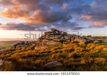 Weathered rock formations on Bodmin moor at sunset