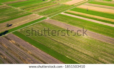 Aerial view of agricultural farming fields from sky.
