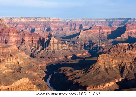 View of Grand Canyon from Mohave Point looking North-West; the Colorado River and, in distance, Havasupai Point and the Powel Plateau. Royalty-Free Stock Photo #185151662