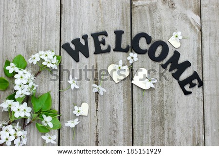 Welcome sign with pear tree blossoms and hearts against wooden background