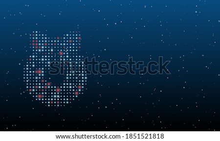 On the left is the christmas wreath symbol filled with white dots. Background pattern from dots and circles of different shades. Some dots is red. Vector illustration on blue background with stars