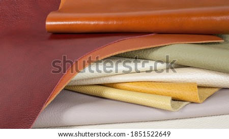 Different colors natural leather textures samples. Close-up shot 