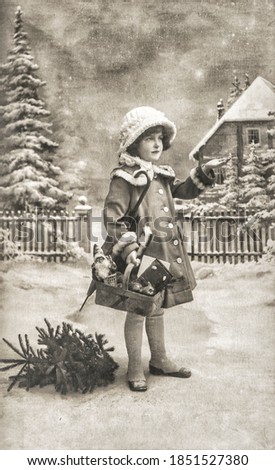 Little girl with christmas tree, gifts and vintage toys. Old postcard with original film grain and scratches