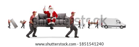 Movers carrying a couch with Santa Claus pointing up and other movers loading a van isolated on white background