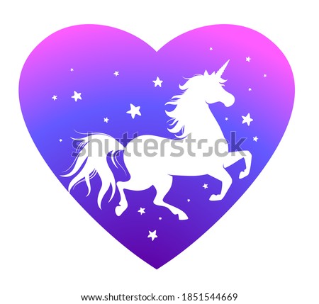 Running Unicorn silhouette with Heart. Cute vector poster with horse and stars. Cartoon character. Design for childish accessories, apparel, sticker design, greeting card, textile print, emblem, icon