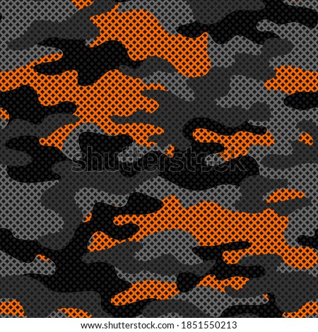 Camouflage texture seamless pattern with grid. Abstract modern endless military bacnground for fabric and fashion textile print. Vector illustration. Royalty-Free Stock Photo #1851550213