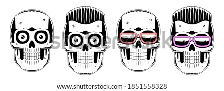 Funny skull. Modern logo. Skull with glasses. Cool hairstyle.