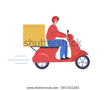 Online fast delivery by motor scooter. Courier in medical mask riding a red scooter with a delivery box. Vector illustration