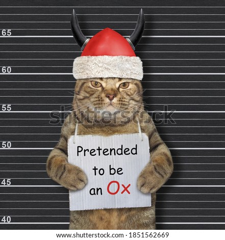 A cat was arrested. He has a sign around its neck that says Pretended to be an Ox. Police lineup background.
