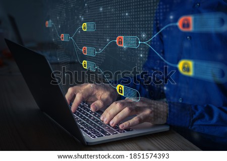 Blockchain financial technology to secure cryptocurrencies as bitcoin for online payments and money transaction. Fintech concept with encrypted ledger blocks chained on computer screen, cyber crime Royalty-Free Stock Photo #1851574393
