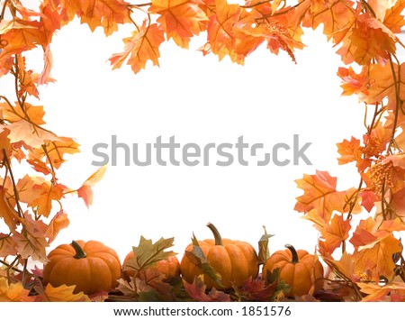 Pumpkins on white background with fall leaves frame Royalty-Free Stock Photo #1851576